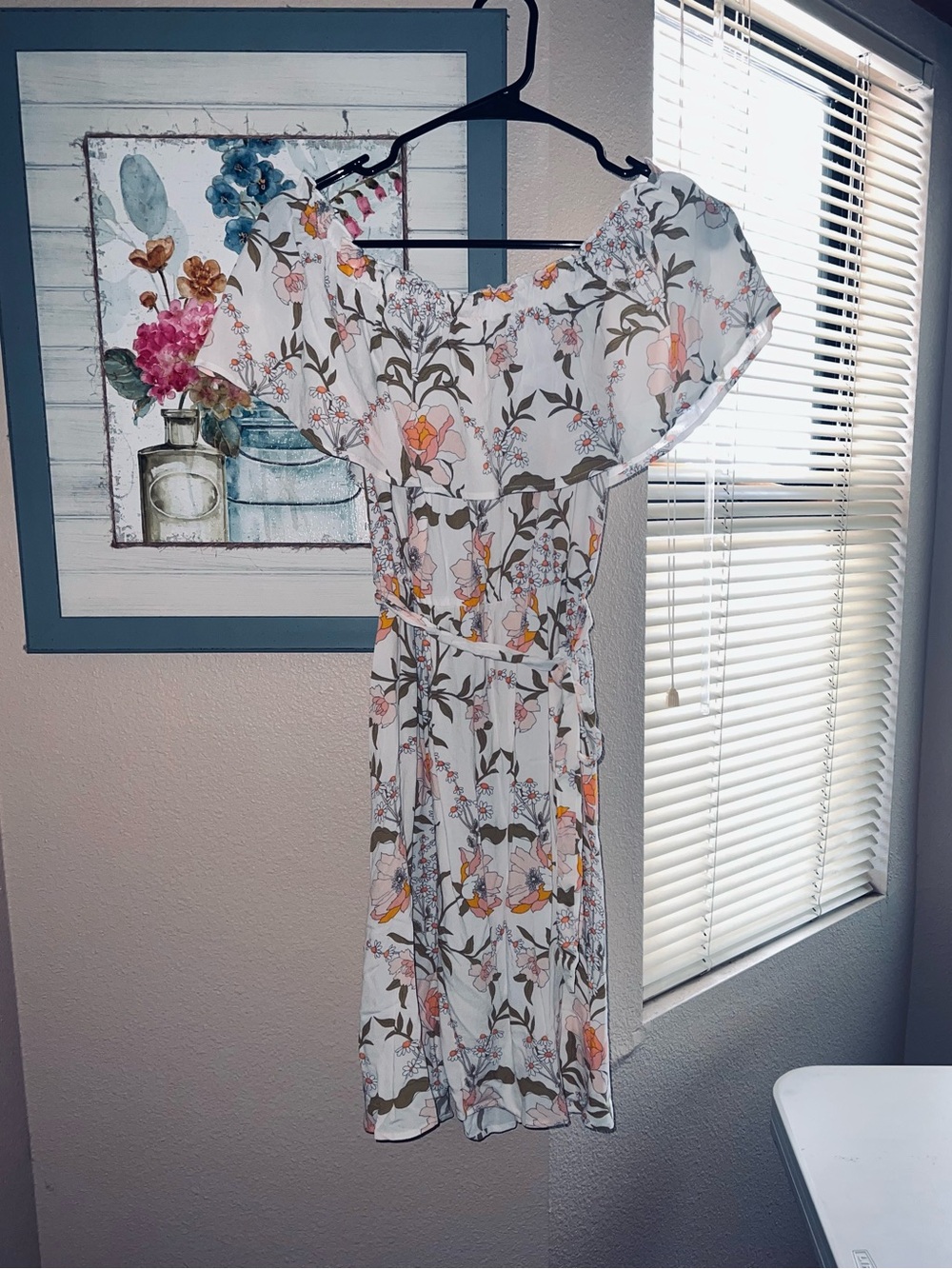 O'Neill Off the Shoulder Floral Midi Dress in Cream, Peach and Olive